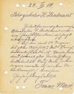 Feldpostbrief vom 28.03.1918 an Lt. Kaul 01
