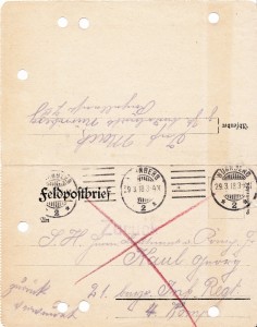 Feldpostbrief vom 28.03.1918 an Lt. Kaul 02